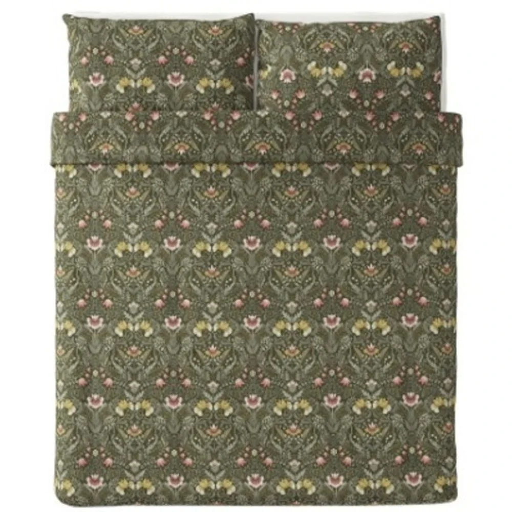 IKEA KARRDUNORT Duvet Cover Green Wildflowers Floral Full Queen Piped Edge